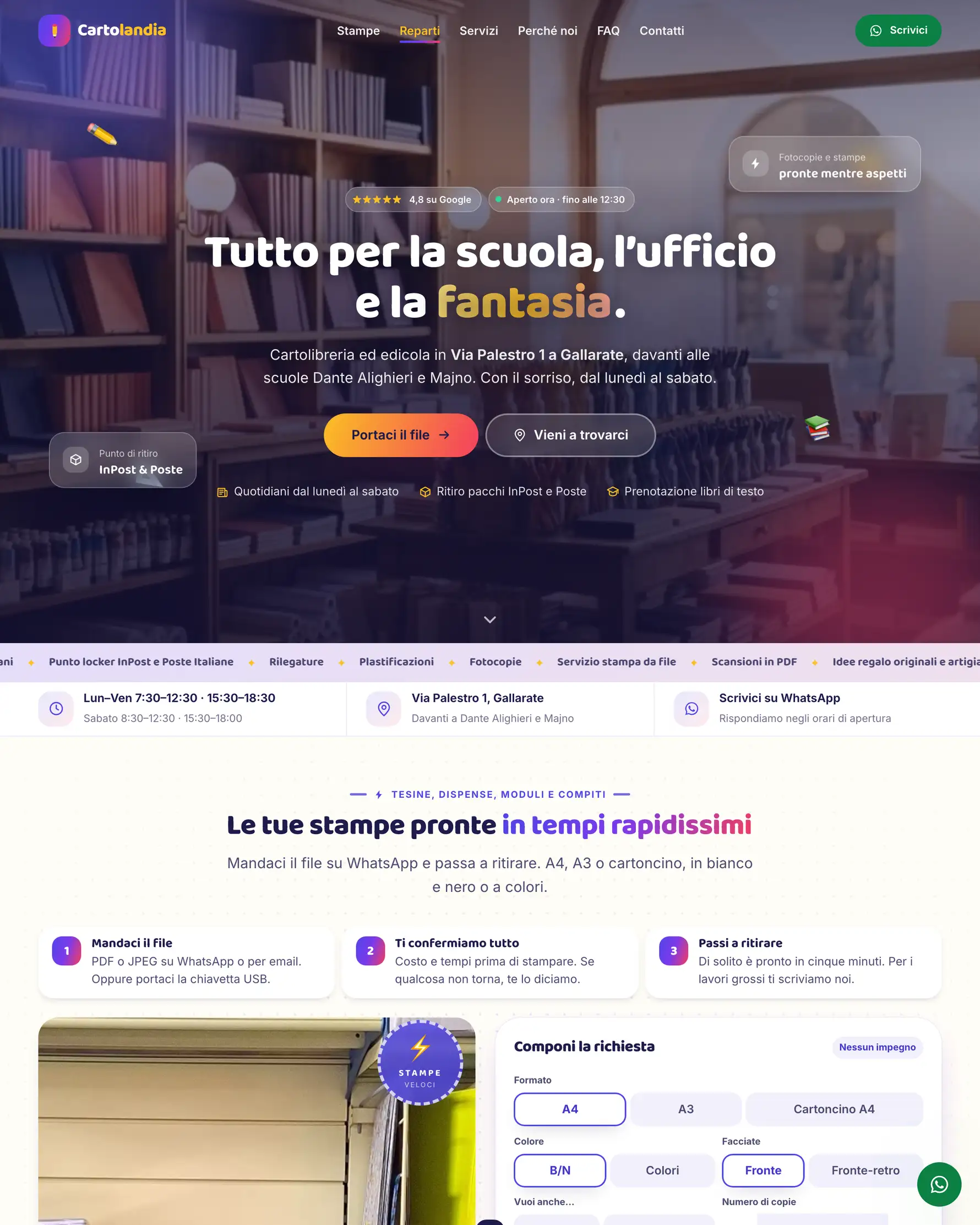 La home di Cartolandia: la bottega vera come sfondo e il titolo «Tutto per la scuola, l'ufficio e la fantasia».